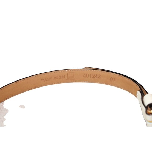 Moschino White Leather Belt With Gold Logo Buckle Statement Design, Size 40